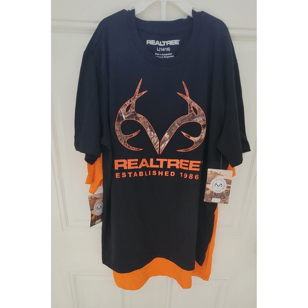 Realtree T-Shirt Black Pullover Crewneck Short Sleeve Camo Logo Trim Sz L 14/16